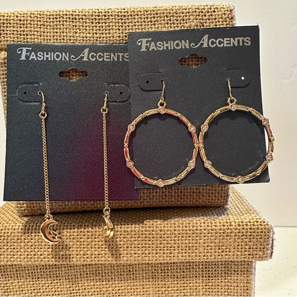 NWT 2 Pair of Fashion Accents Earrings gold tone dangles, moon, rhinestones - Picture 1 of 12